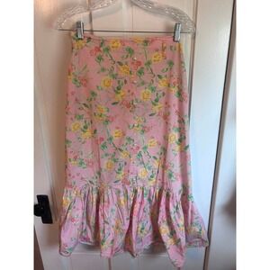 Savida Pink Floral Button Front Ruffle Hem Midi Skirt Small Cottagecore Pearl